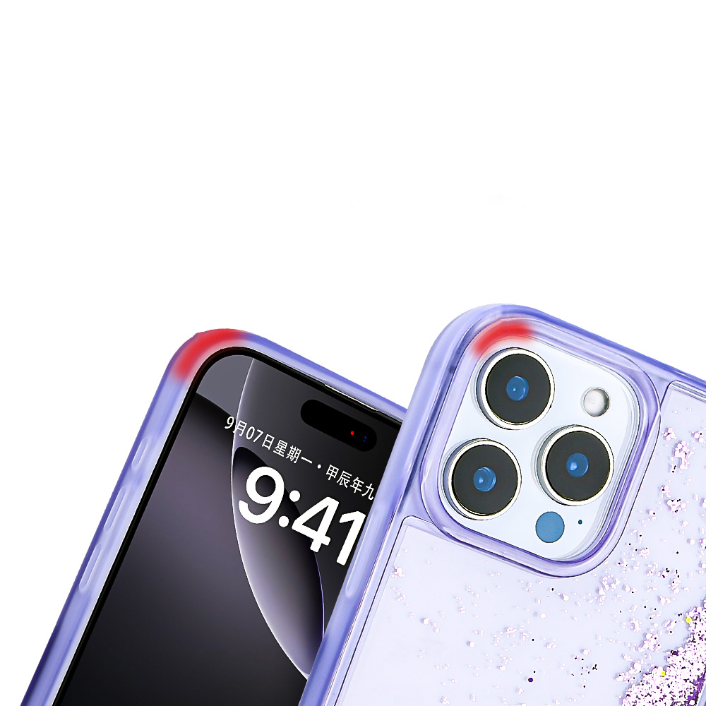 Simli ve kamera modüllü mor telefon kılıfı. Saati gösterir.