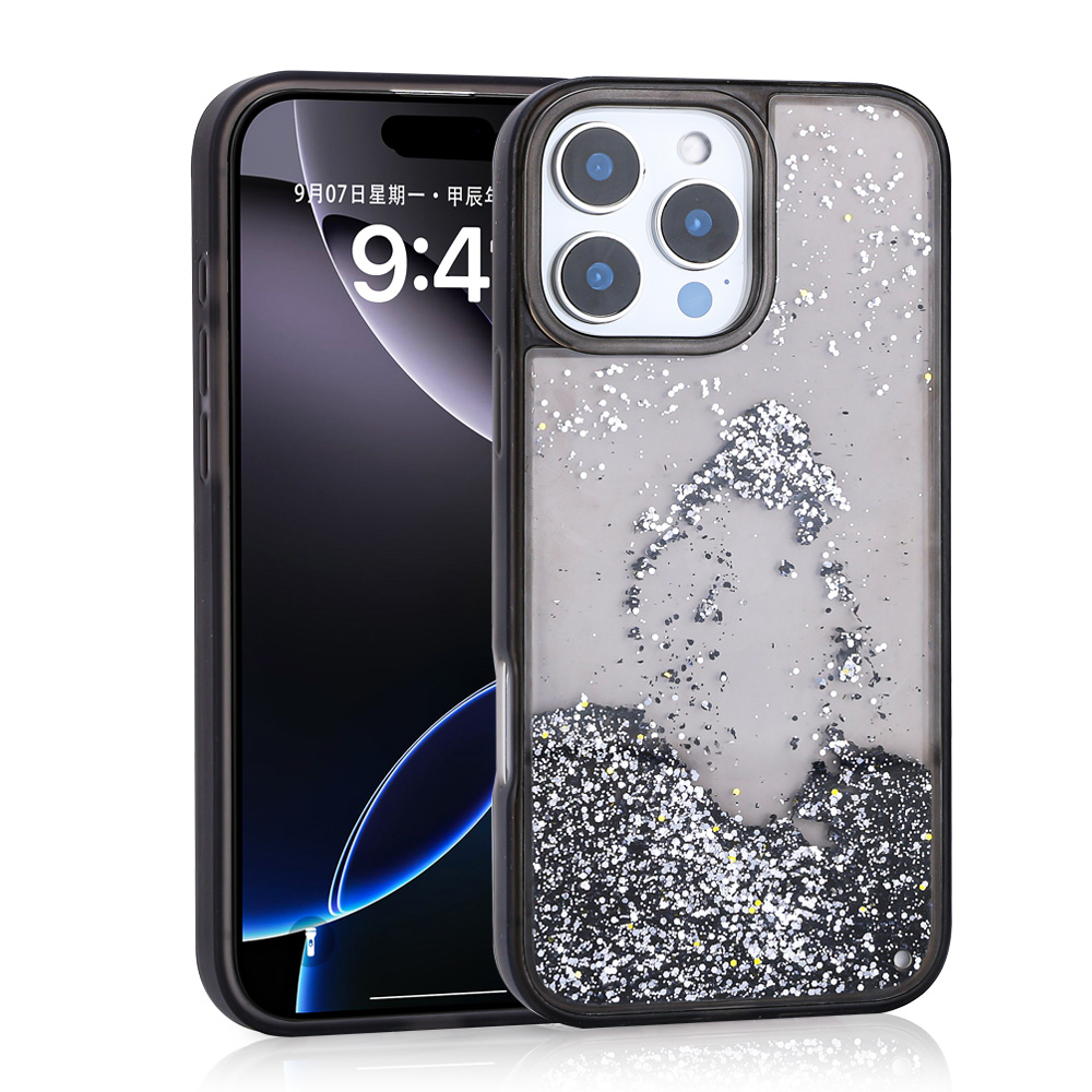 Gümüş ve sarı parçacıklar içeren simli kılıflı siyah telefon.