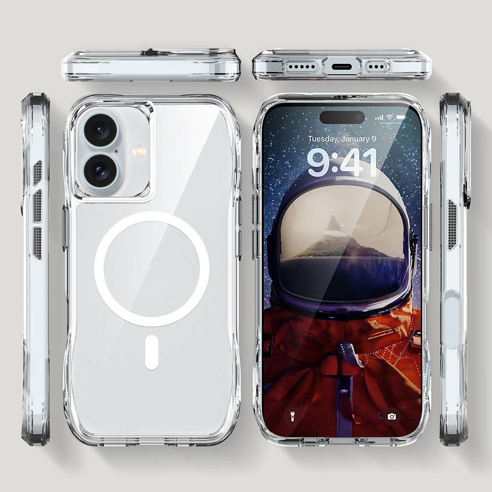 Astronot duvar kağıdı gösteren şeffaf MagSafe iPhone kılıfı.