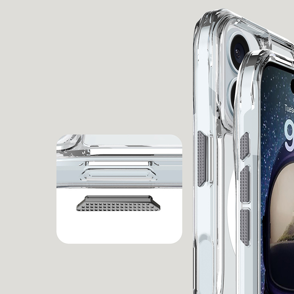 Doku detaylı düğmeler ve kamera detaylarına sahip şeffaf telefon kılıfı.