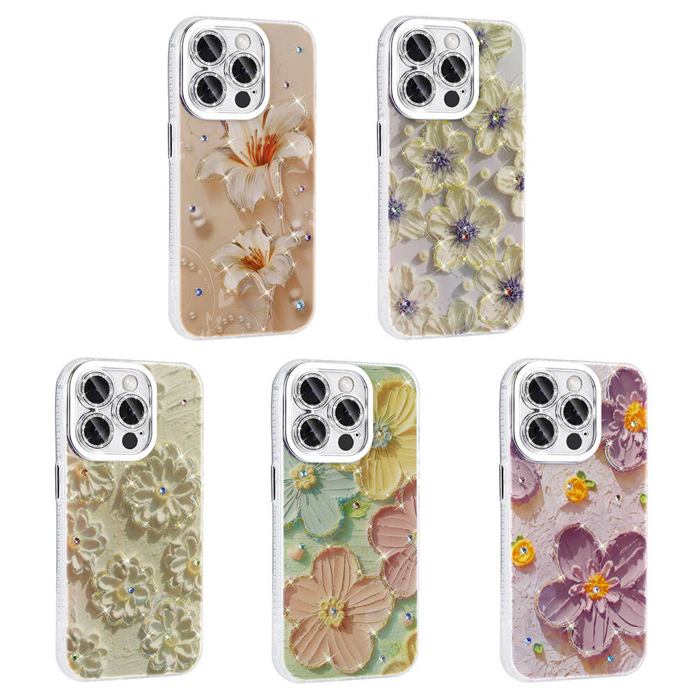 Çiçek desenli beş iPhone kılıfı: zambaklı bej, çiçekli beyaz, çiçekli yeşilimsi, çiçekli pastel, çiçekli mor.