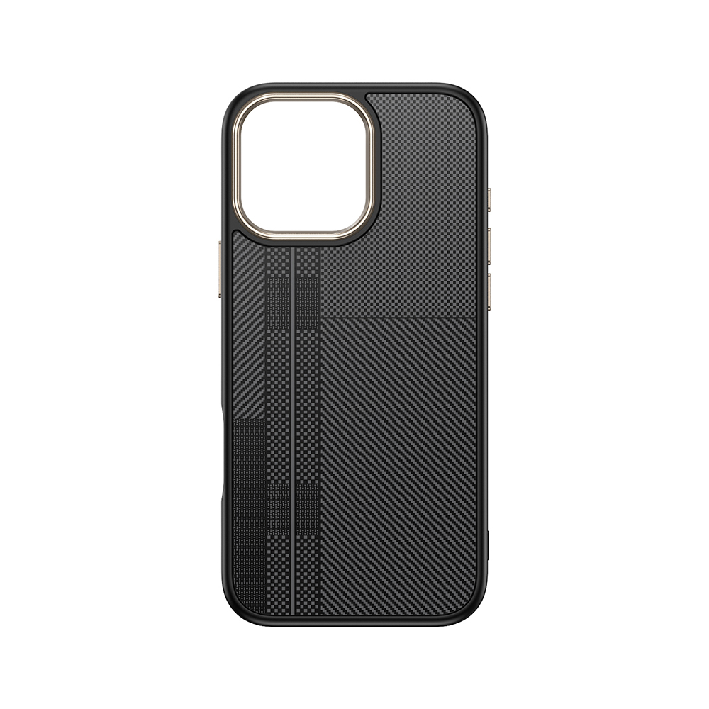 Karbon fiber desenli ve altın çerçeveli siyah telefon kılıfı.