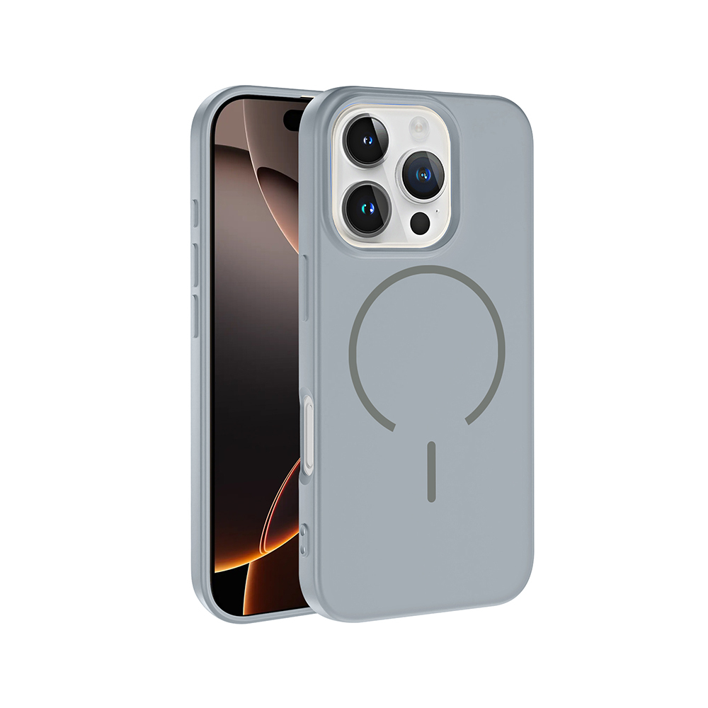 MagSafe dairesi ve çizgili gri iPhone kılıfı, arkada telefon.