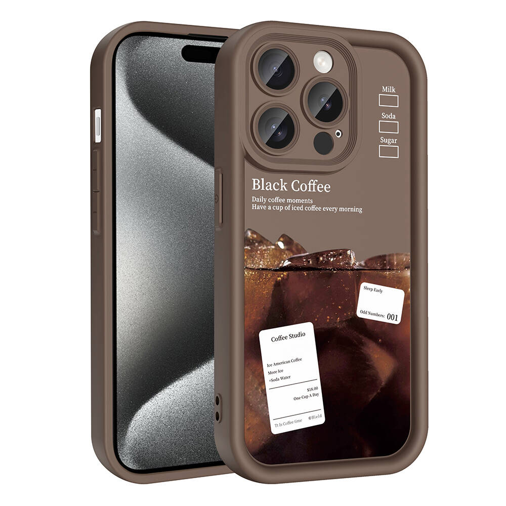 Siyah kahve resimli kahverengi telefon kılıfı. Metin: Black Coffee, Daily coffee moments, Have a cup of iced coffee every morning.