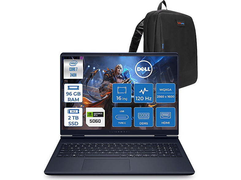 DELL Alienware 16AC16250 8 GB RTX5060 2 k AC16250C71615U56NF53 Intel Core 7-240H 96 GB RAM 2 TB SSD 16 inç FreeDOS Laptop+Çanta Siyah