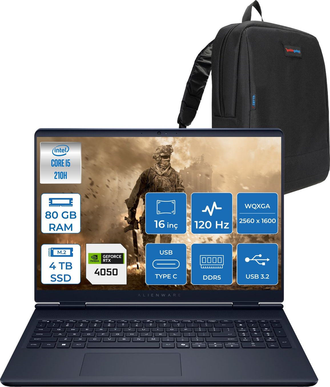 Ekranında asker resmi ve siyah sırt çantası olan mavi bir Alienware dizüstü bilgisayar.