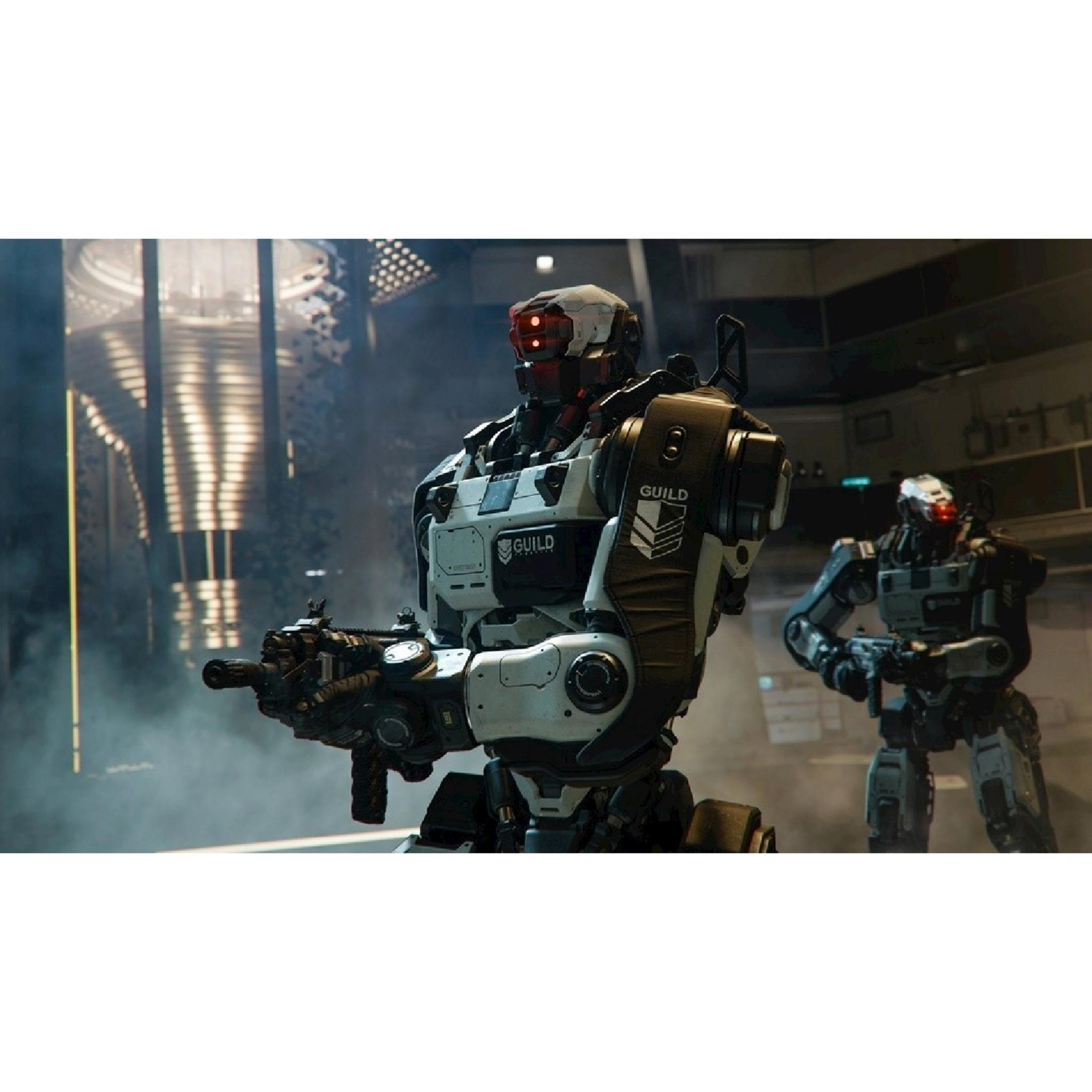 Due robot umanoidi in armatura futuristica impugnano armi in una stanza buia.