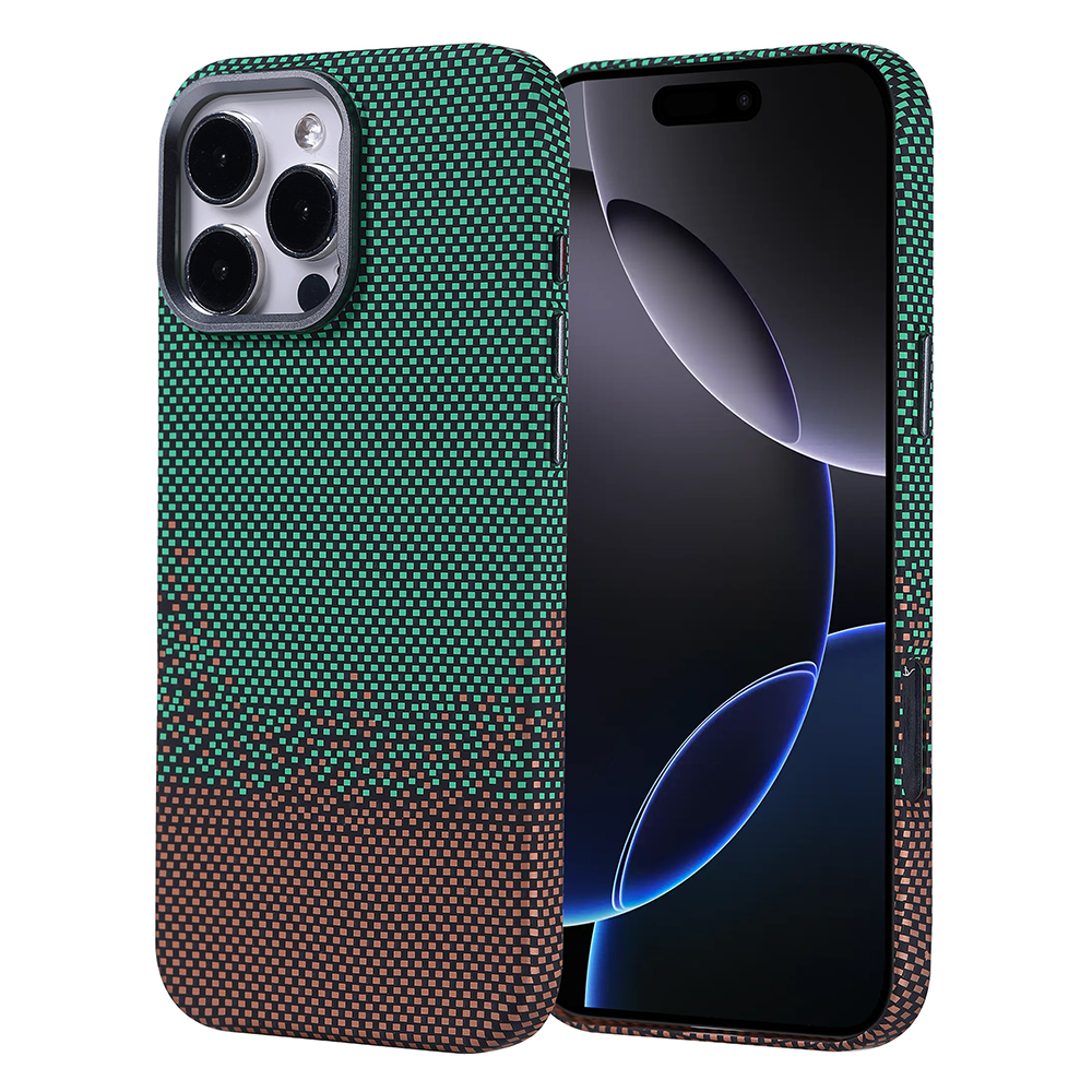 Yeşil ve kahverengi kareli kılıflı bir iPhone, ekranında soyut bir grafik gösteriyor.