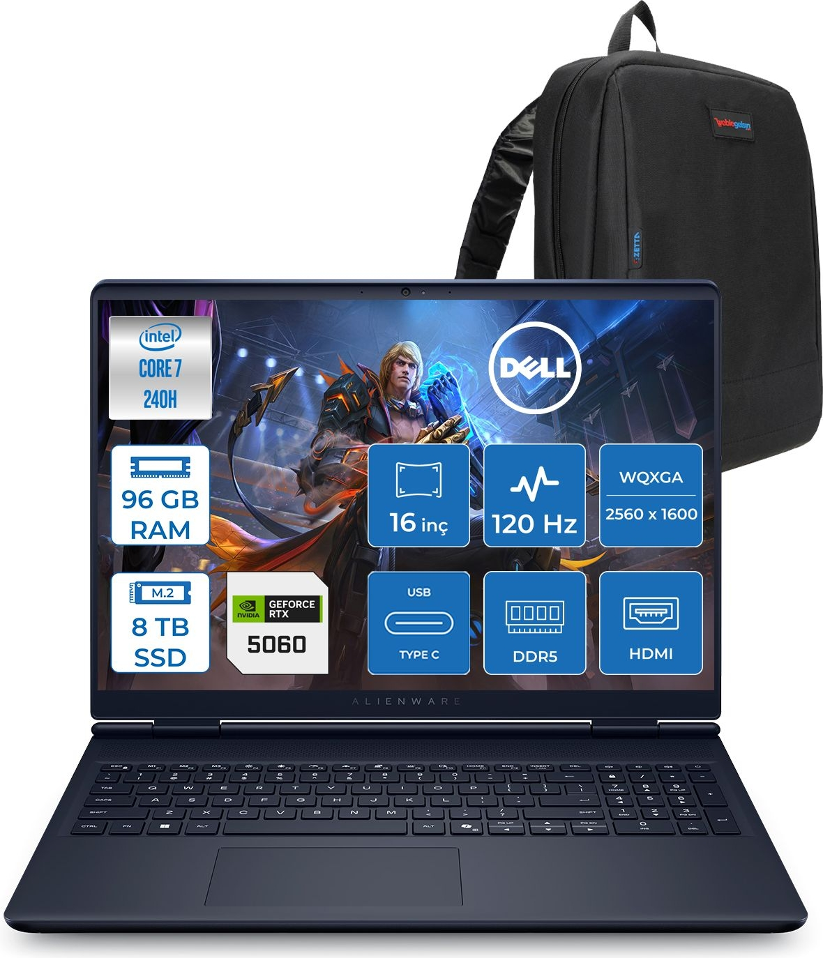 Siyah sırt çantalı koyu renk Dell Alienware dizüstü bilgisayar. Özellikler ekranda görünüyor.
