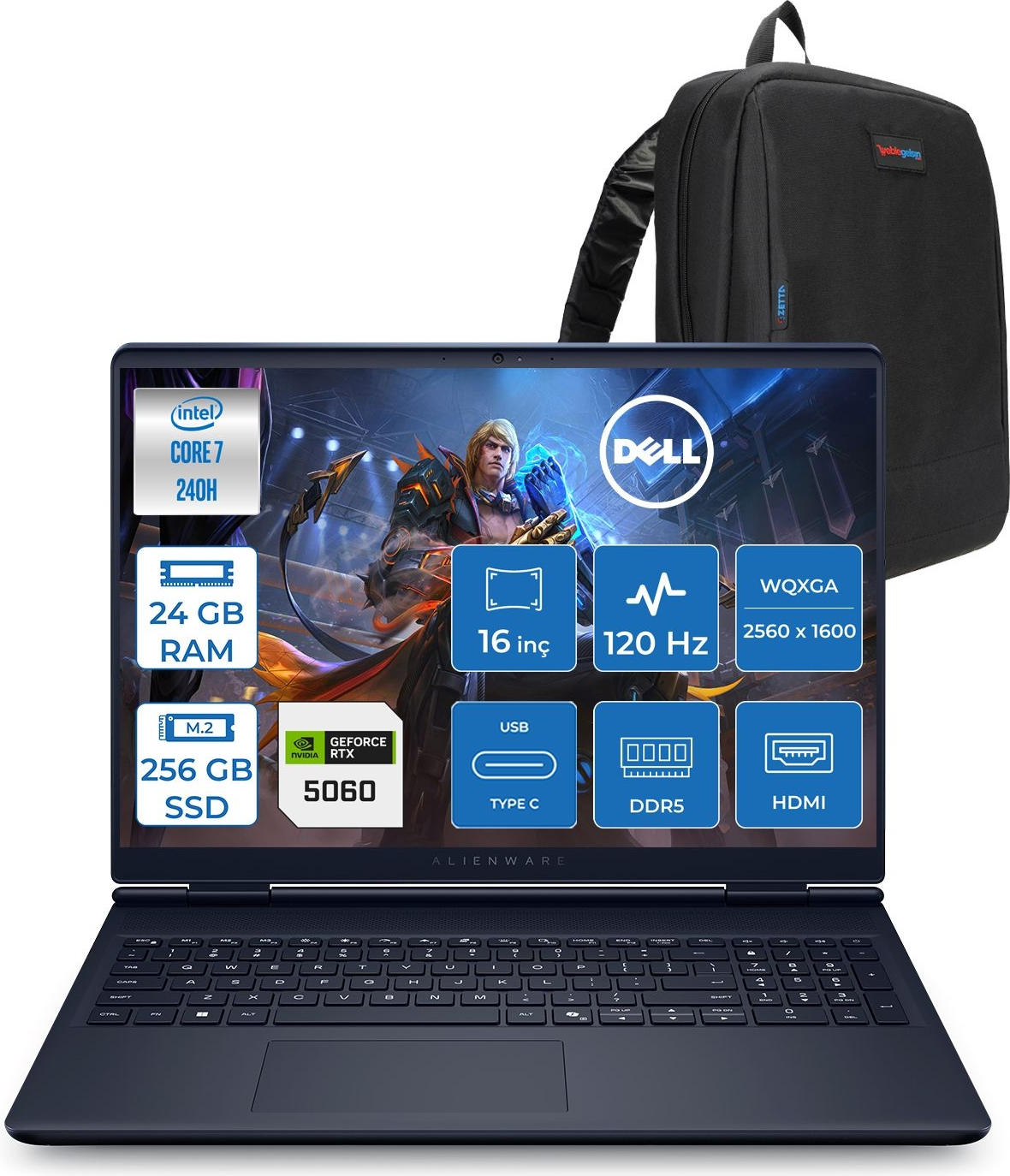 Özellikleri gösteren mavi bir Alienware dizüstü bilgisayar ve siyah bir sırt çantası.