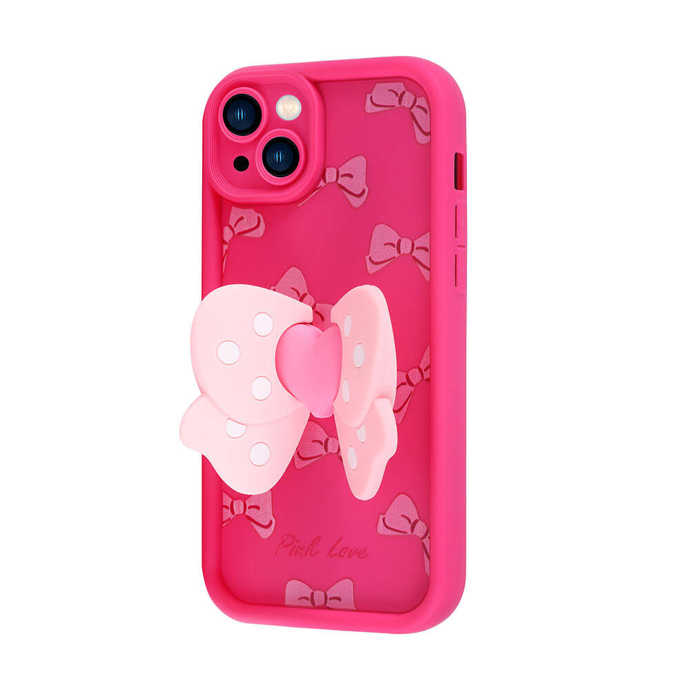 Büyük, açık pembe fiyonk ve küçük fiyonk desenli pembe telefon kılıfı.