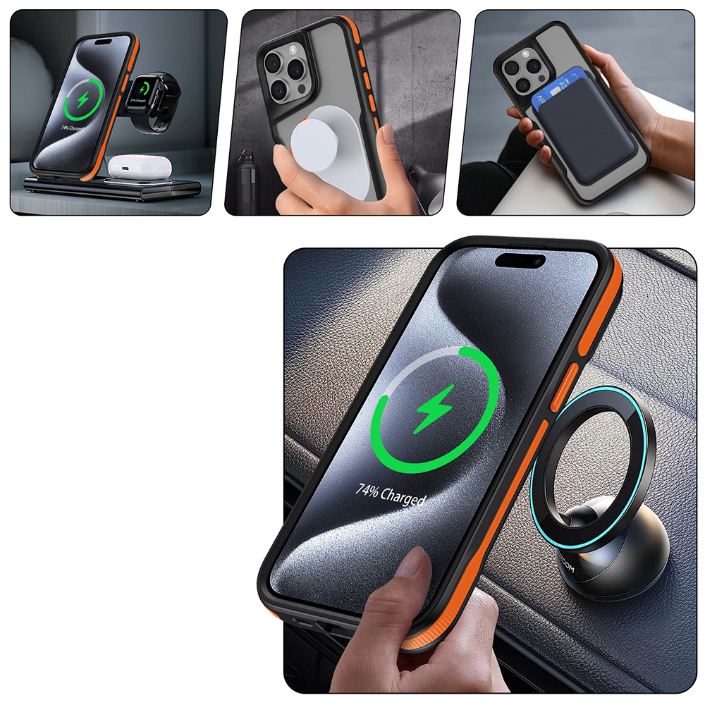 Turuncu kılıflı iPhone şarj cihazında, akıllı saat ve kulaklıklar. Telefon araç tutucusunda.
