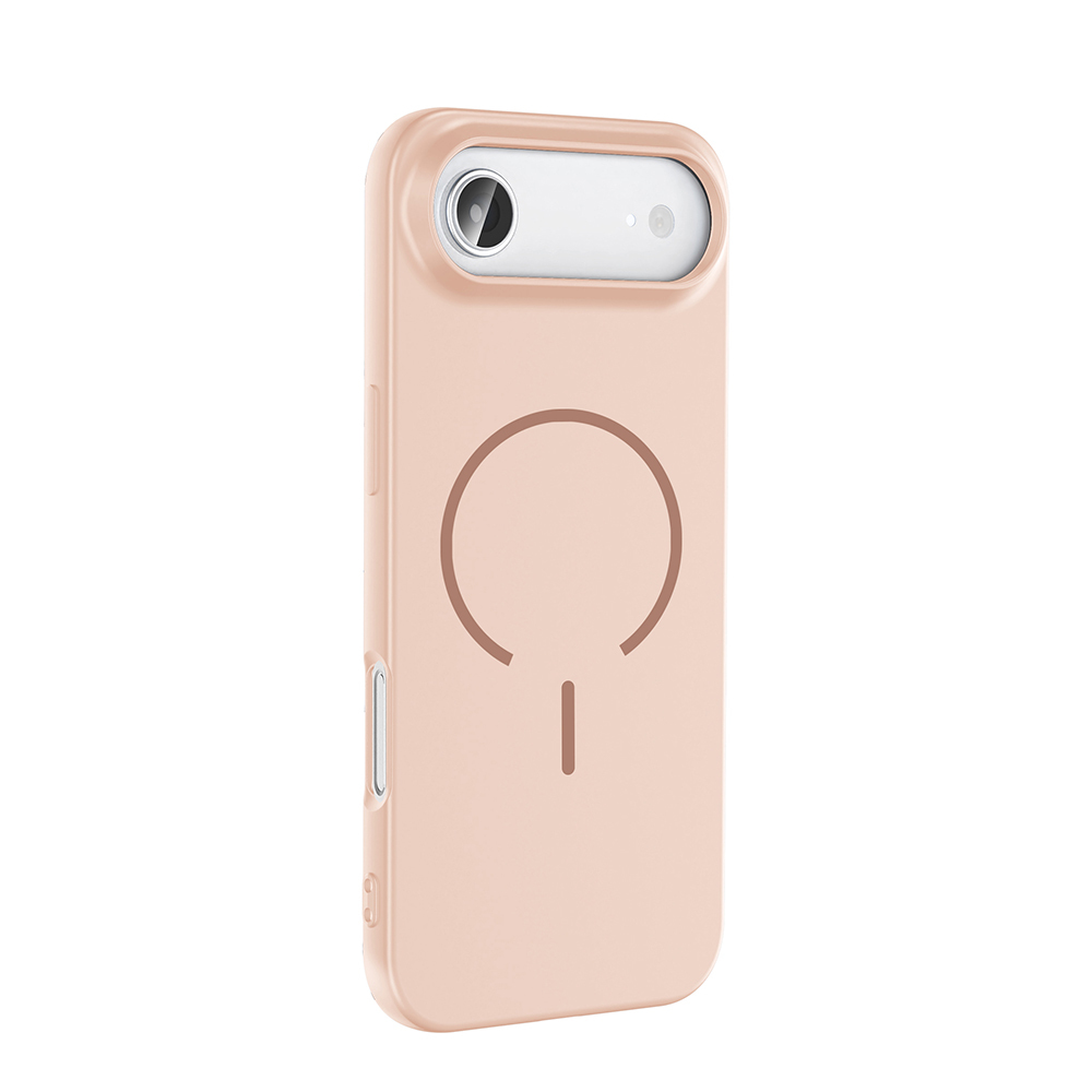 Kamera kesimli ve manyetik şarj halkalı pembe telefon kılıfı.