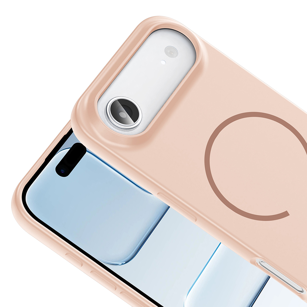 Kamera lensli ve dairesel tasarımlı pembe telefon kılıfı.