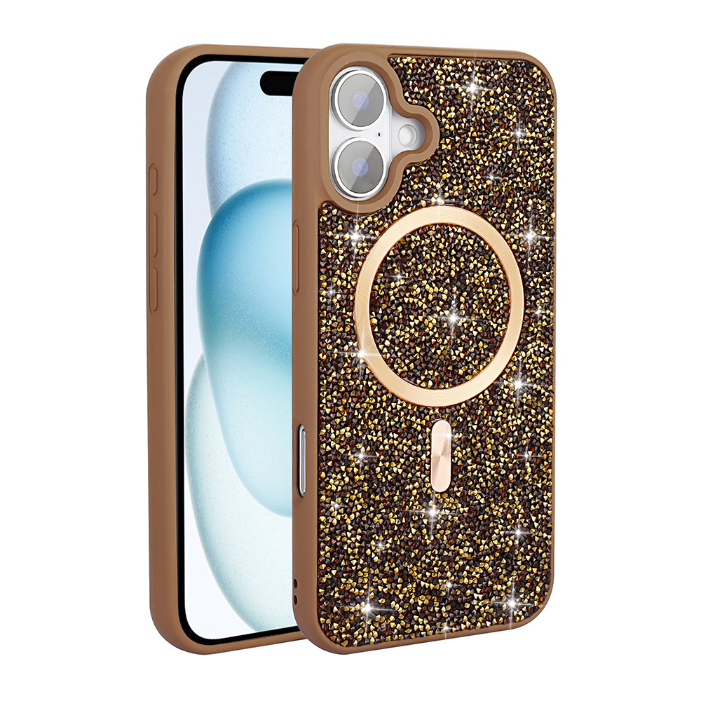 Altın rengi daireli, simli kahverengi iPhone kılıfı.