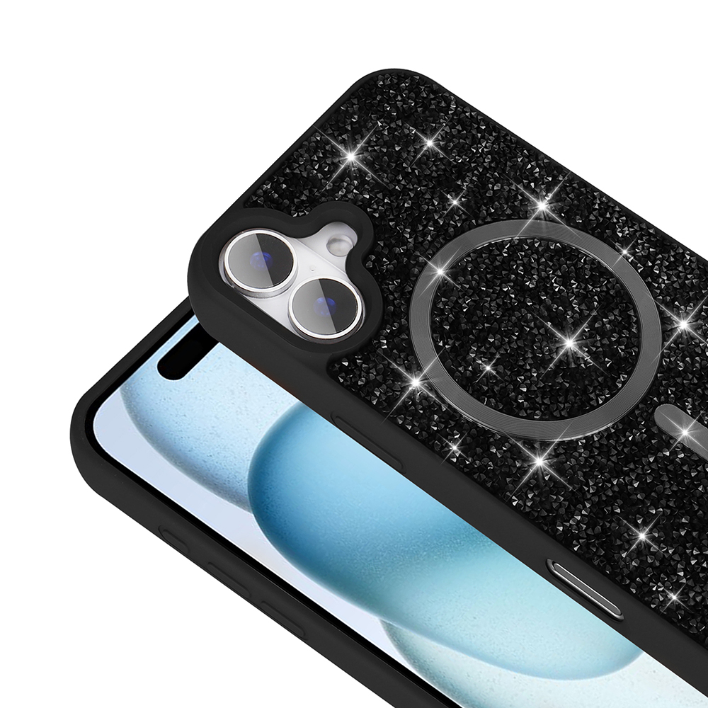 Simli kılıflı, kameralı ve halka tutuculu siyah iPhone.