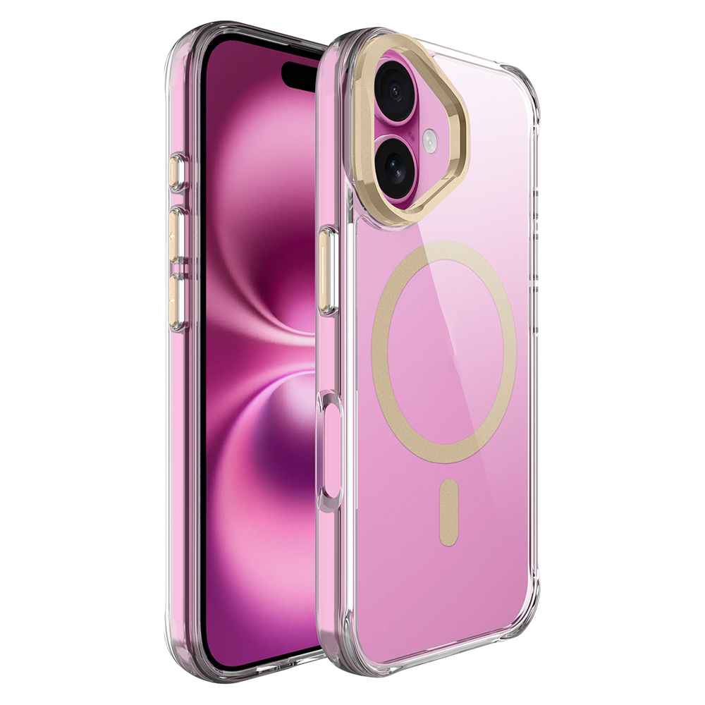 Pembe arka planlı ve altın halka detaylı şeffaf telefon kılıfı.