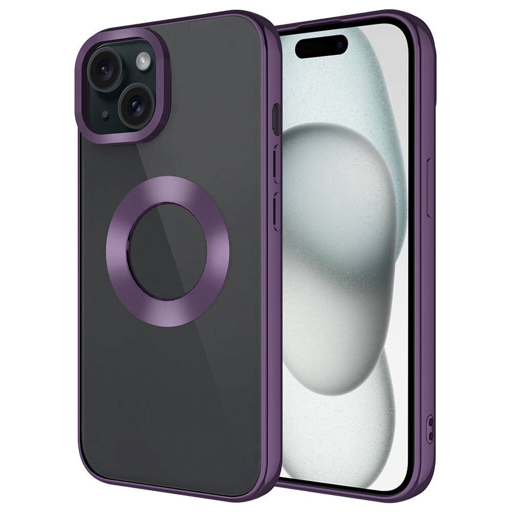 Mor iPhone kılıfı, şeffaf arka yüzü ve magenta halkasıyla.