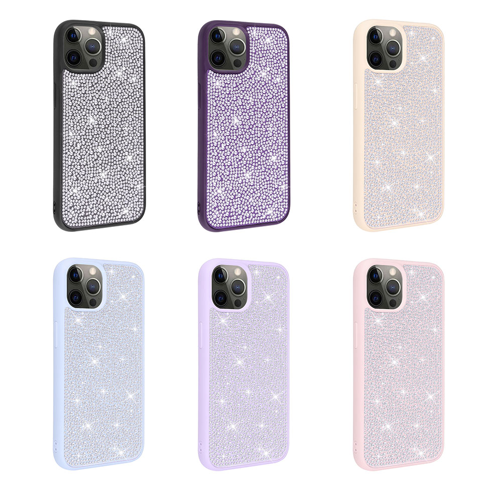 Siyah, mor, bej, açık mavi, lavanta ve pembe renkli altı adet taşlı iPhone kılıfı.