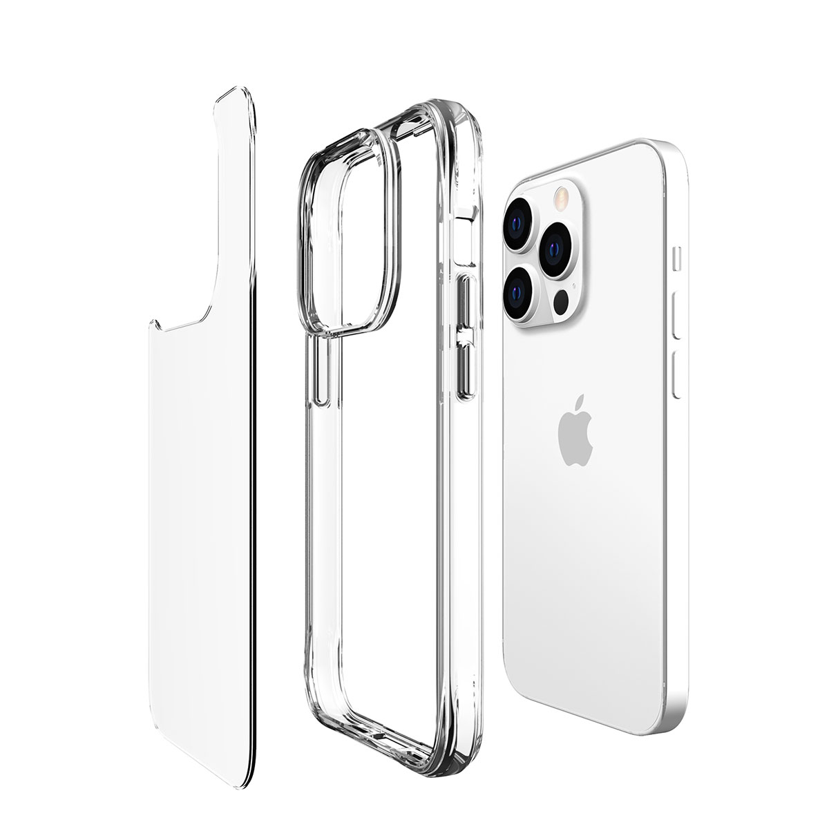 Üç şeffaf telefon kılıfı sergileniyor. Biri düz, biri çerçeve şeklinde ve biri beyaz telefonun üzerinde.
