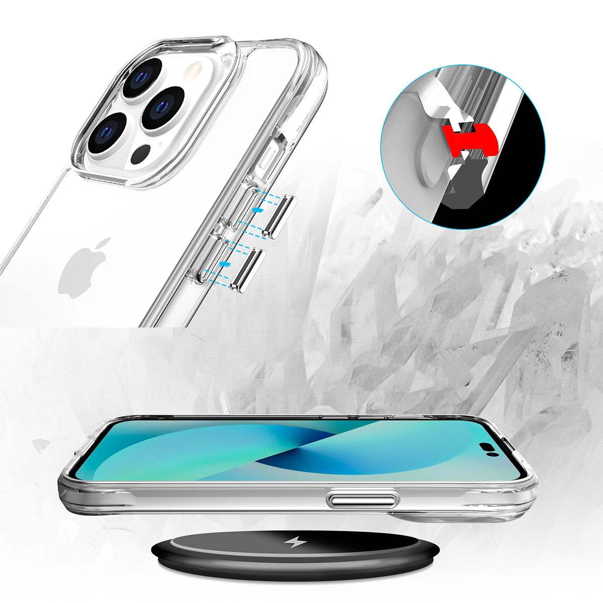 Düğme detayları ve kablosuz şarj özelliği gösteren şeffaf iPhone kılıfı.