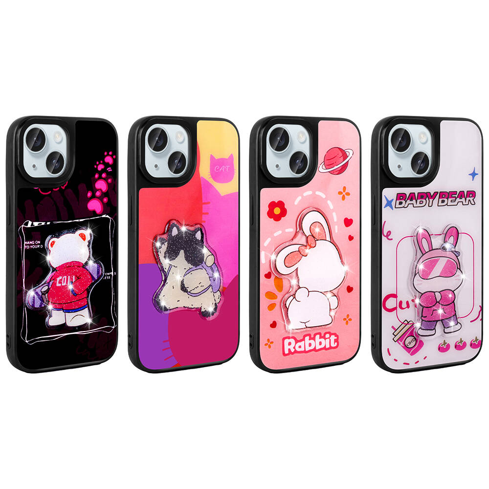 Dört telefon kılıfı: ayı, kedi, tavşan ve bebek ayı tasarımları.