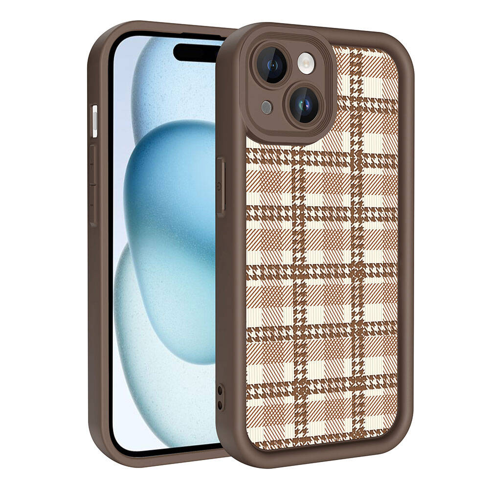 Arkası ekose desenli kahverengi telefon kılıfı.