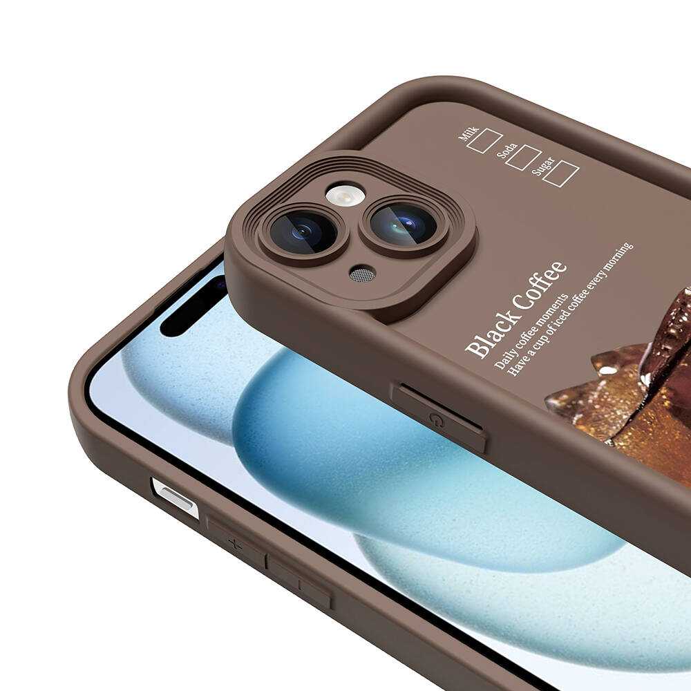 Kahve resimli "Black Coffee" tasarımlı kahverengi telefon kılıfı.