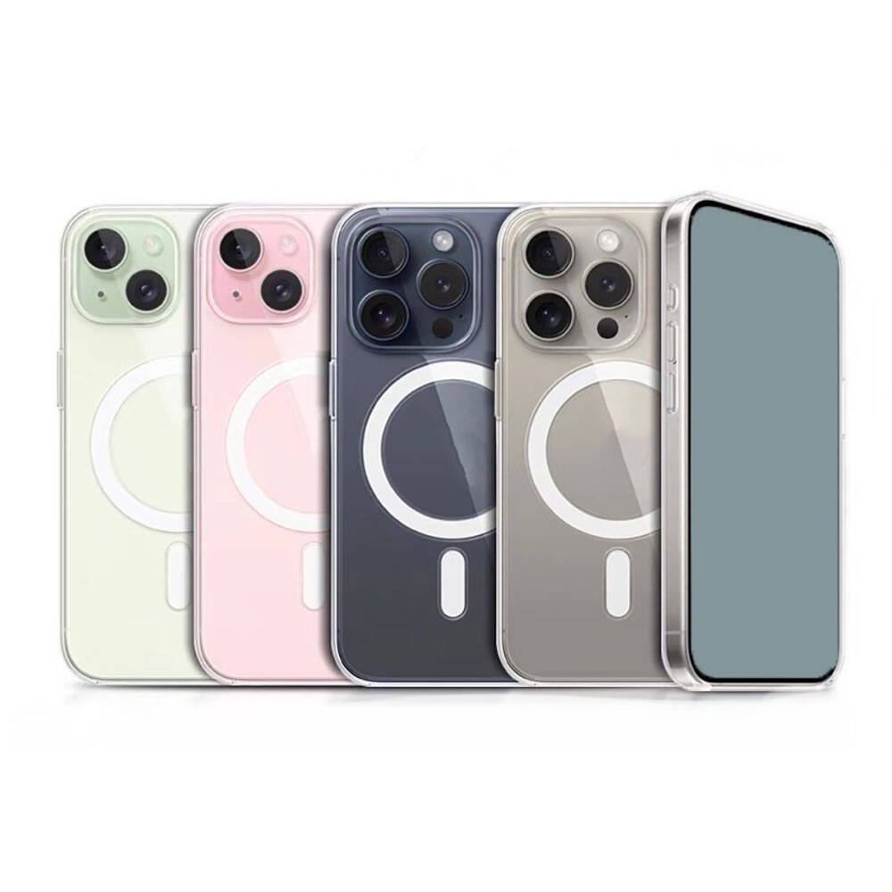 Dört pastel renkli, şeffaf telefon kılıfı, kamera çıkıntıları ve manyetik halkalar.