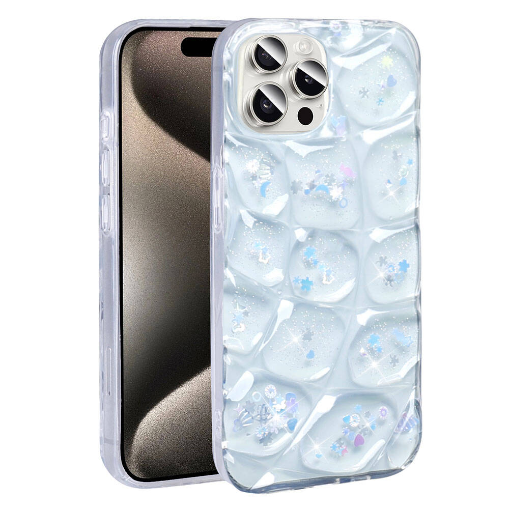 Açık mavi sıvı ve simle dolu, kapitone dokulu şeffaf iPhone kılıfı. Kamera kesikleri bulunur.