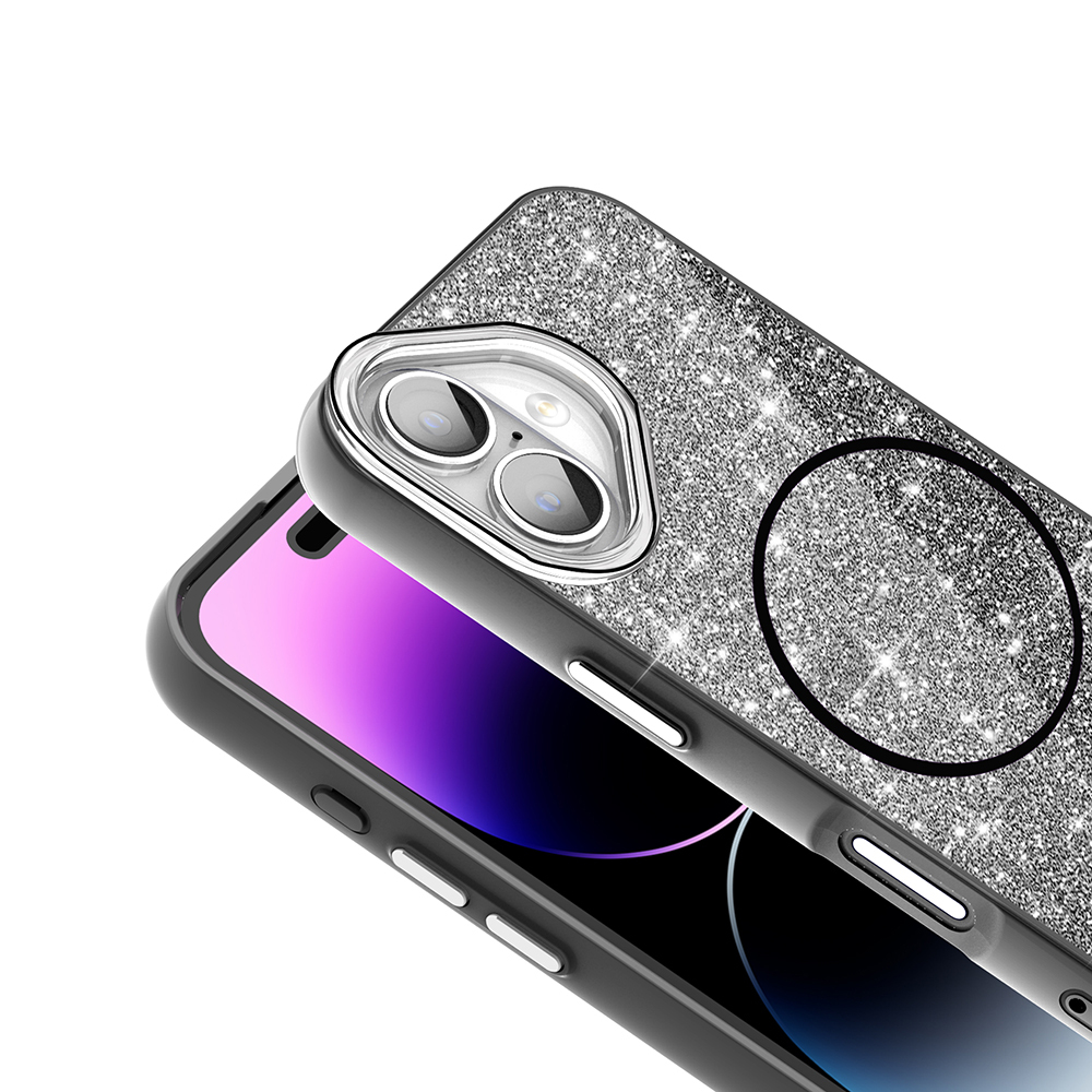 Kamera kesimli ve yan düğmeli parlak telefon kılıfı.