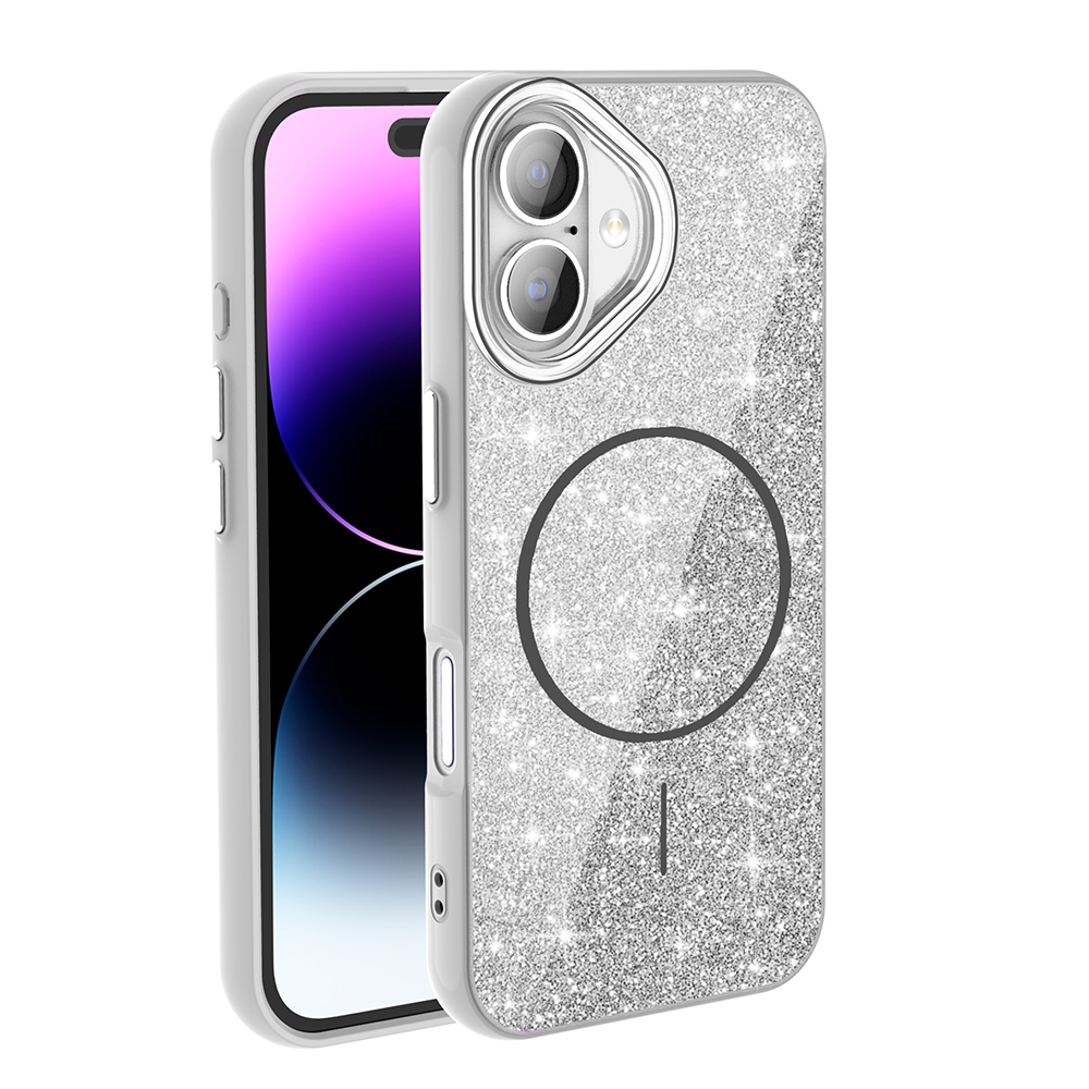 Mıknatıslı halkalı ve iki kameralı ışıltılı iPhone kılıfı.