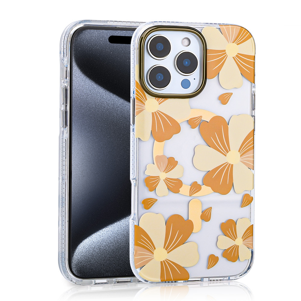 Sarı ve turuncu çiçek desenli şeffaf telefon kılıfı.