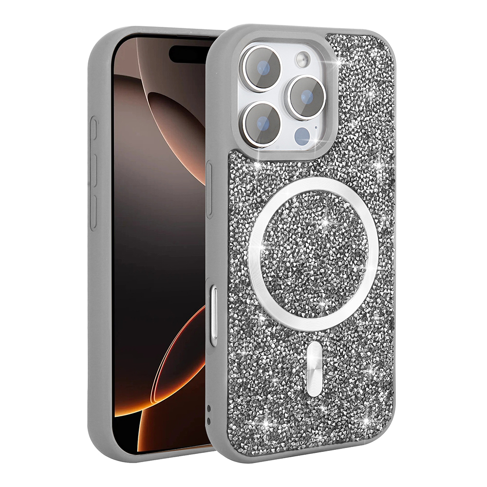 Simli gri telefon kılıfı, üç kamera ve MagSafe halkası bulunur.