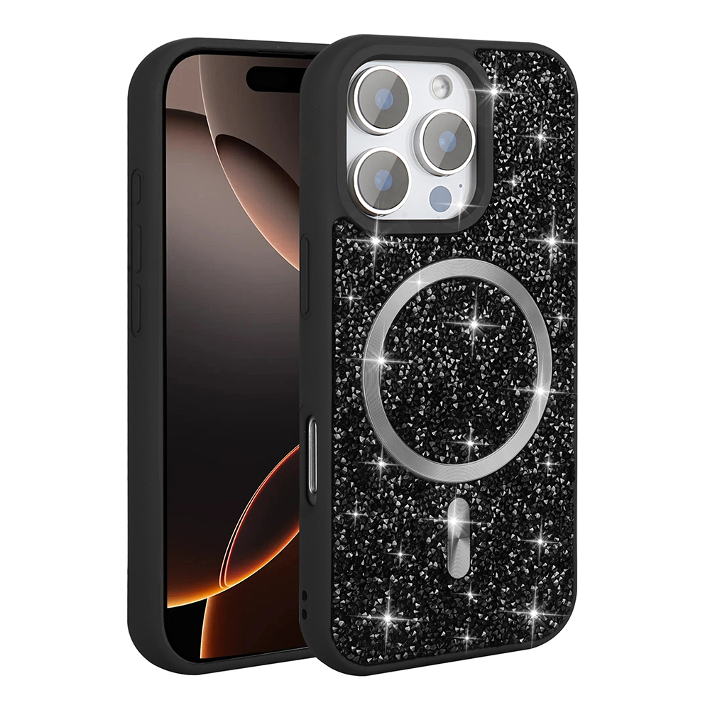 Simli parlak kılıflı siyah iPhone, manyetik halka ve kamera lensleri.