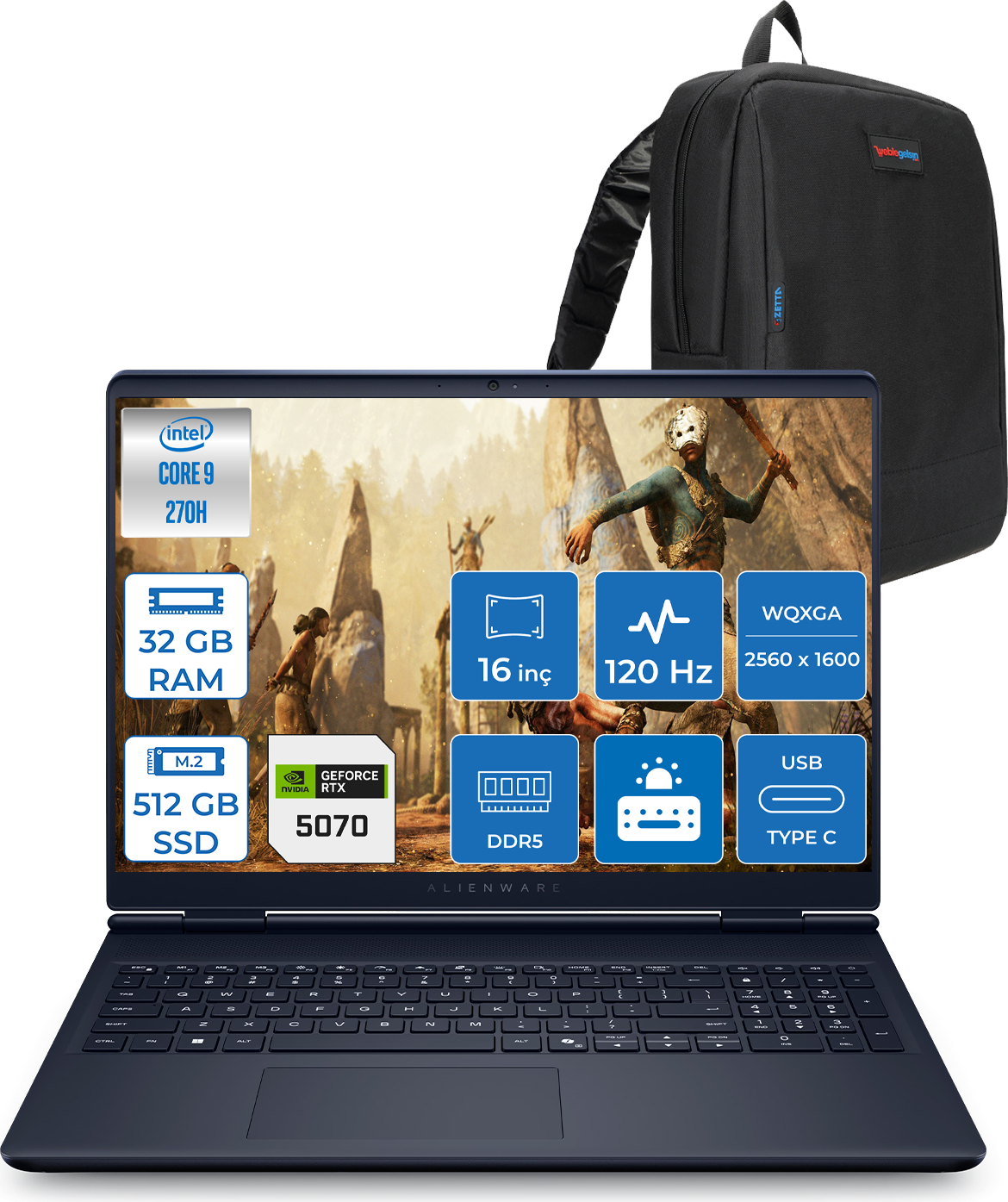 Intel Core 9, 32GB RAM, 512GB SSD, RTX 5070, WQXGA özellikli Alienware dizüstü.