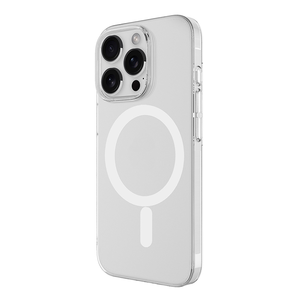 Kamera çıkıntılı ve manyetik halkalı şeffaf telefon kılıfı, beyaz arka plan.
