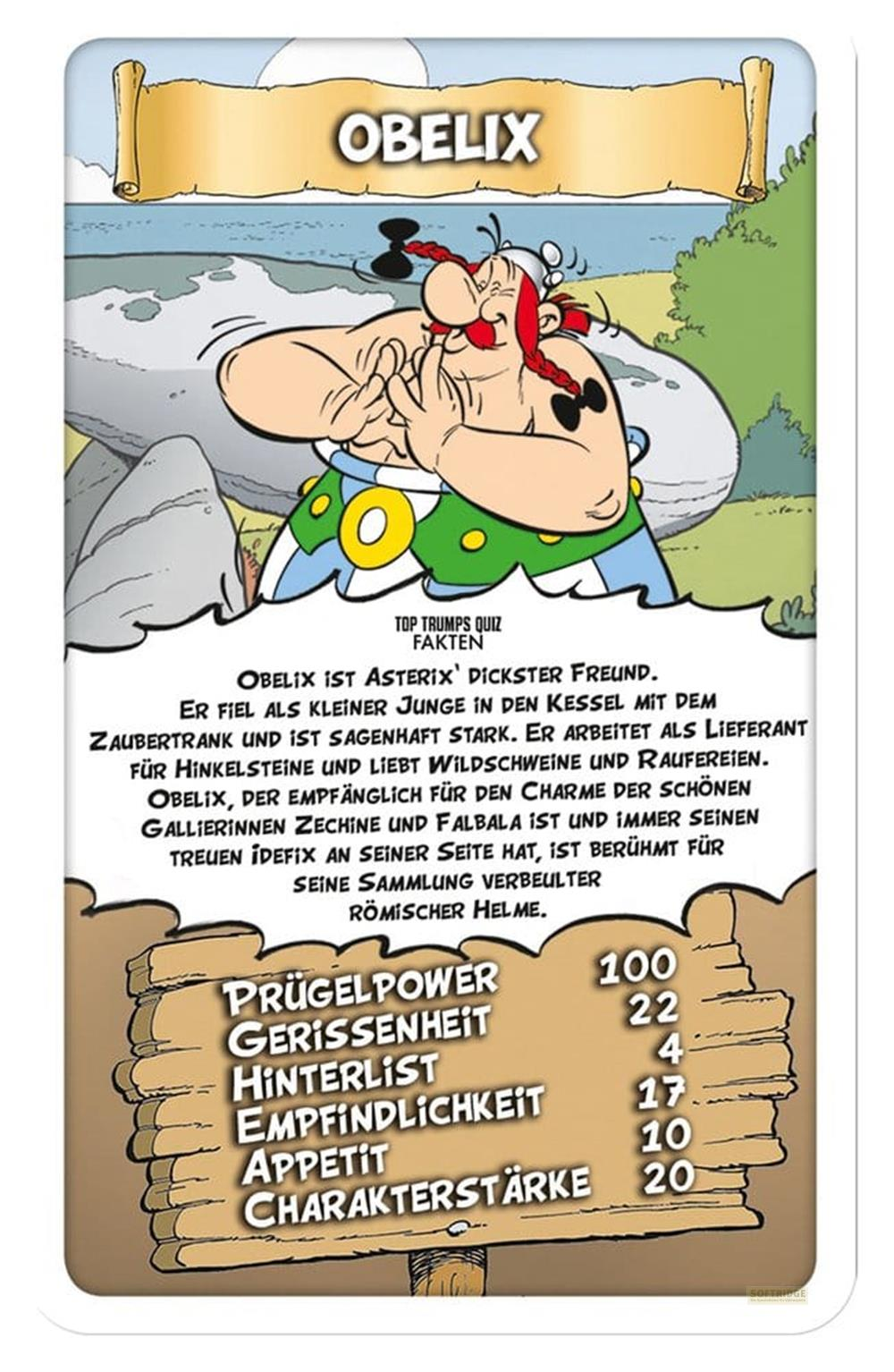 Obelix è seduto davanti a un paesaggio. Il testo lo descrive come amico di Asterix.
