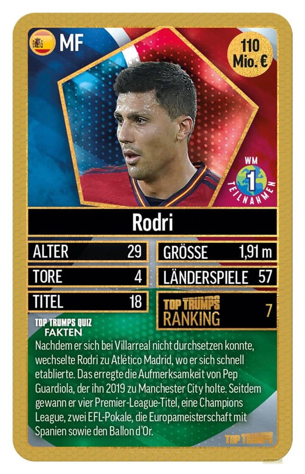 Fußballkarte von Rodri mit Statistiken und Fakten.