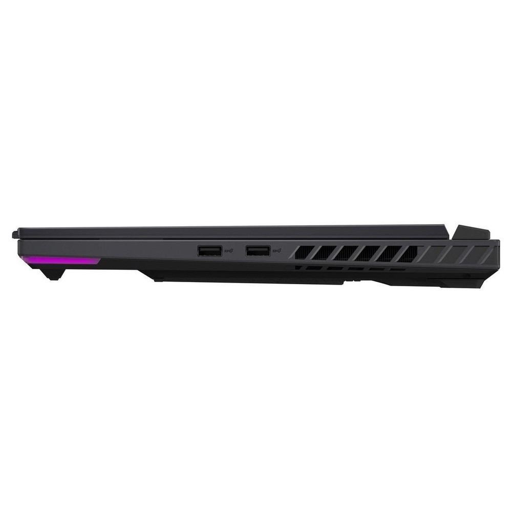 USB portları ve havalandırma ızgaralarını gösteren siyah bir dizüstü bilgisayarın yan görünümü. Mor ışık ön kısmı vurguluyor.