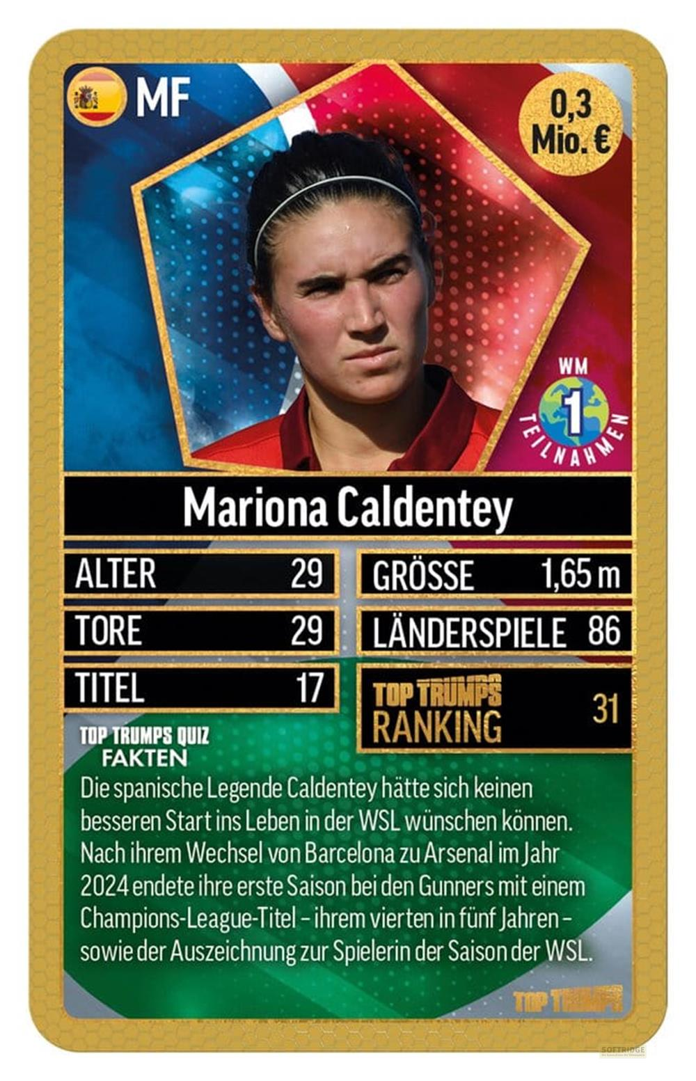 Fußballkarte von Mariona Caldentey mit Statistiken und Fakten.