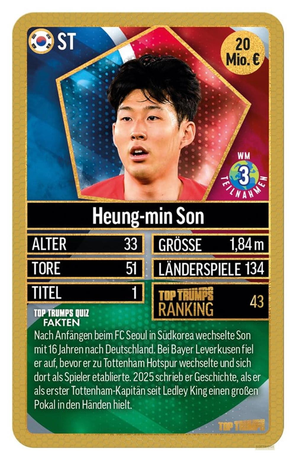Karte von Heung-min Son, mit Bild, Wert 20 Mio. €, 3 WM-Teilnahmen.