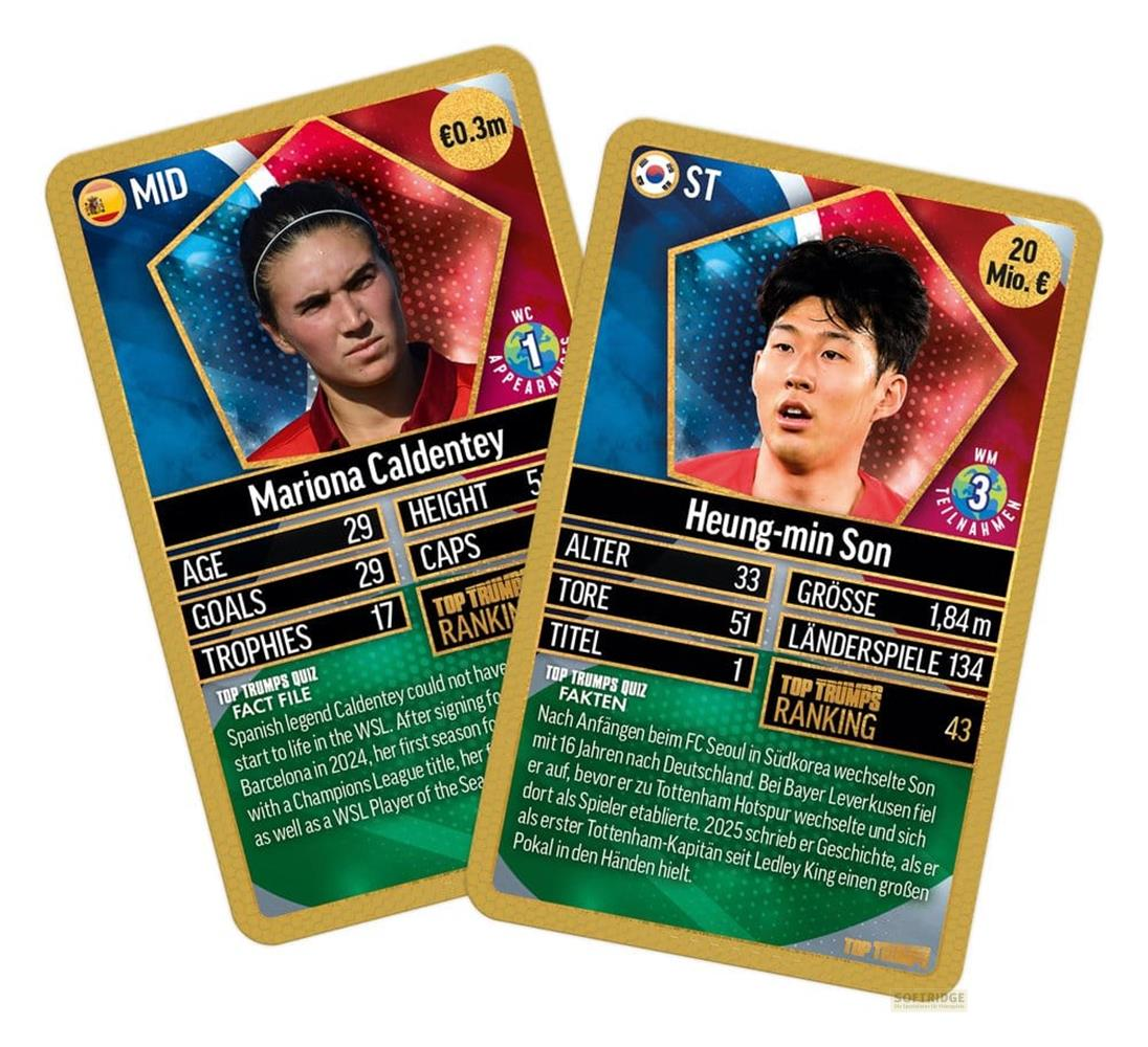 Zwei Fußballkarten zeigen Mariona Caldentey und Heung-min Son mit Statistiken.