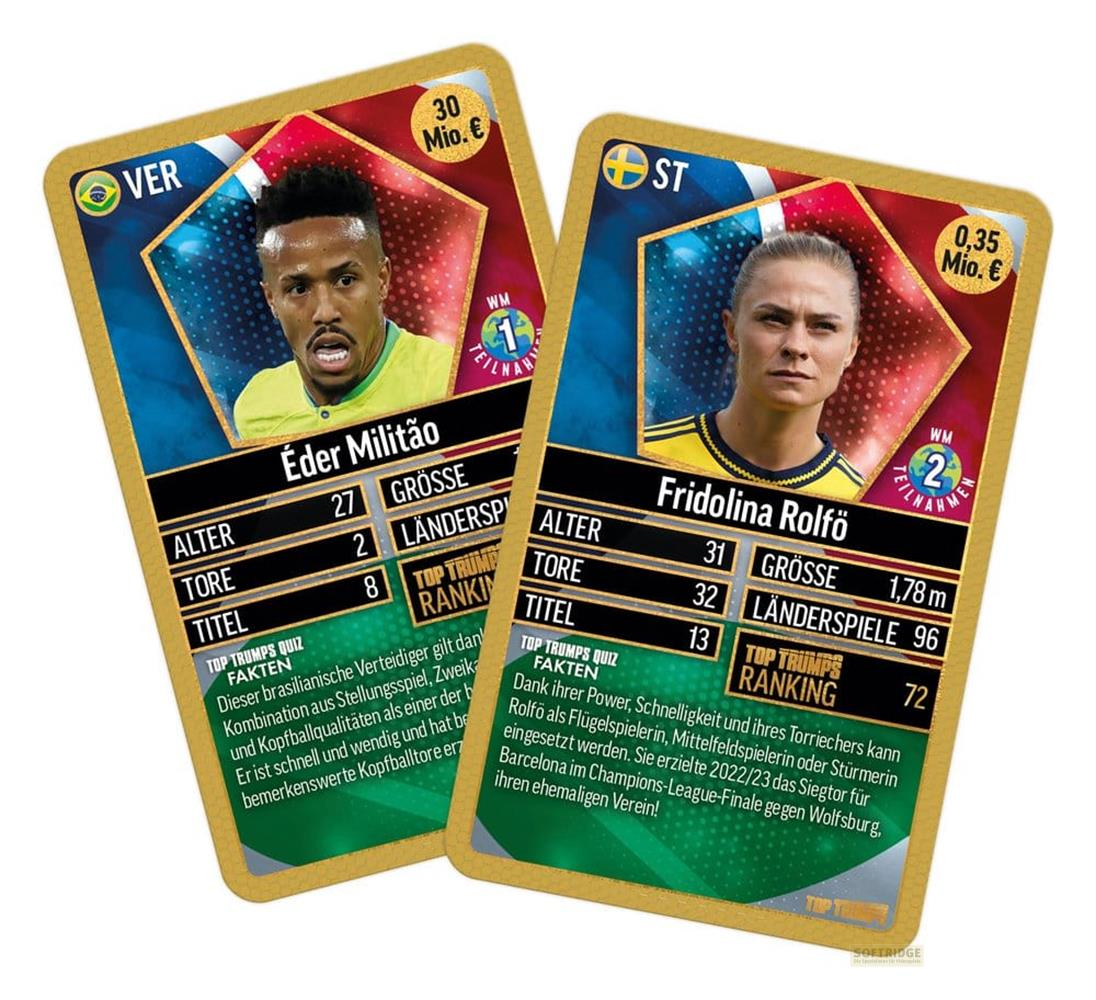 Fußballkarten von Éder Militão und Fridolina Rolfö mit Statistiken und Bildern.