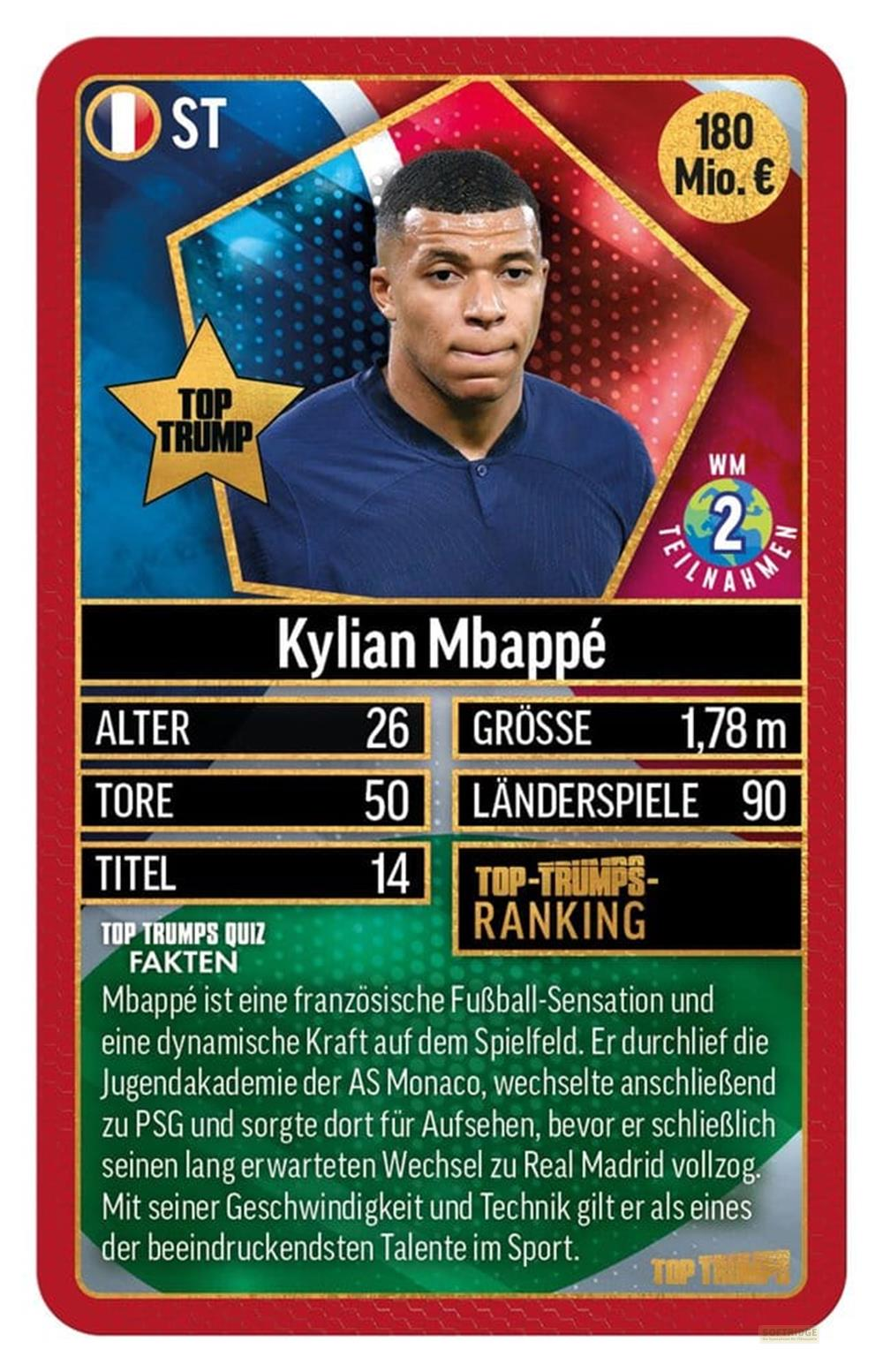 Fußballkarte von Kylian Mbappé mit Statistiken und Bild.