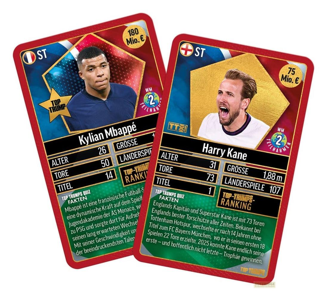 Top Trumps Karten von Kylian Mbappé und Harry Kane.