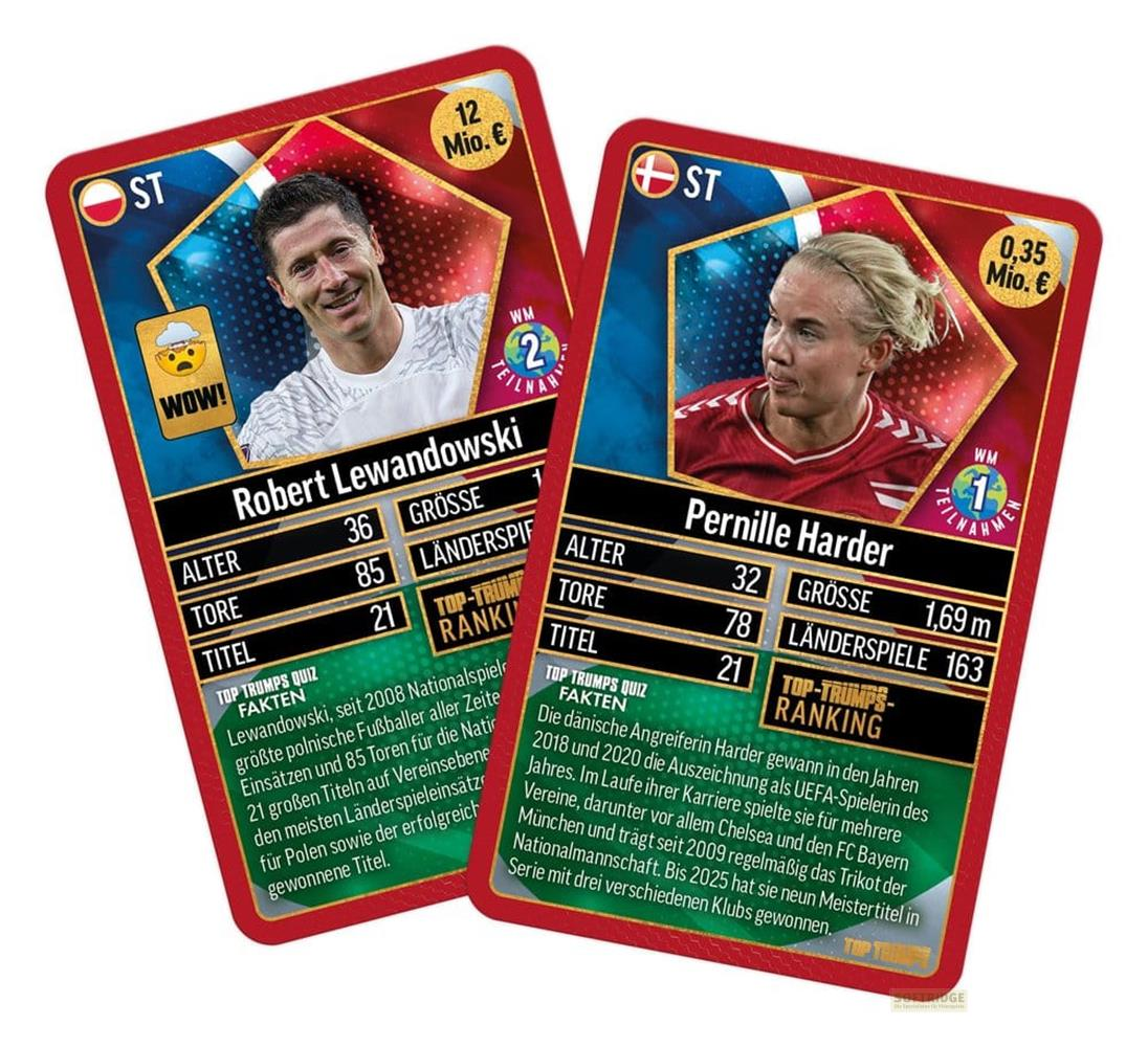 Zwei Fußballkarten: Robert Lewandowski und Pernille Harder. Daten und Statistiken sind sichtbar.