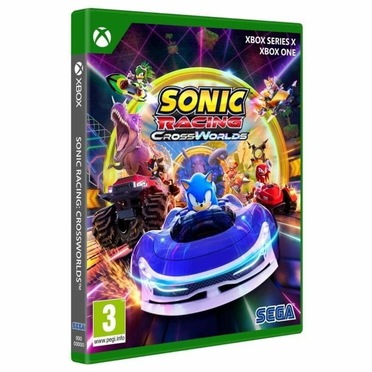 Sonic the Hedgehog corre in un'auto blu, con altri personaggi e un dinosauro sulla copertina del gioco.