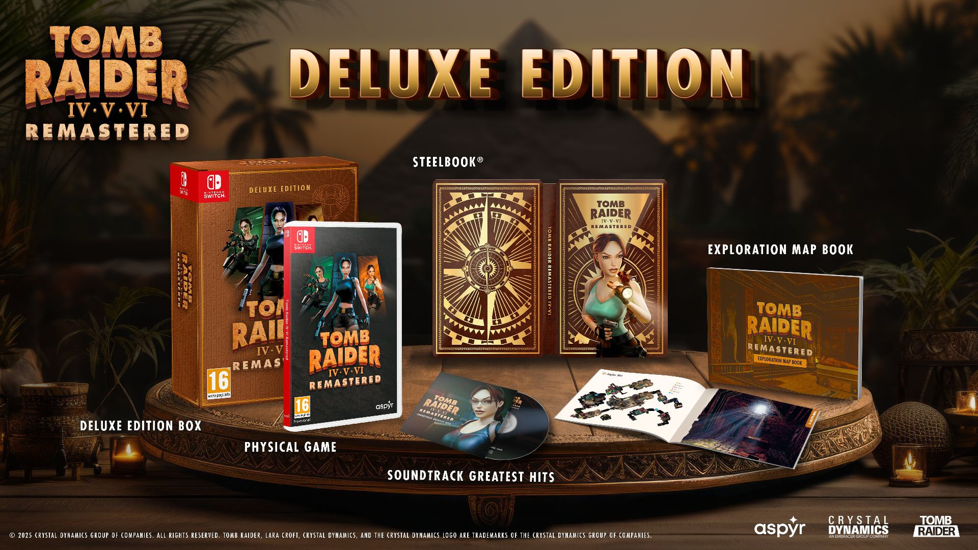 Edizione Deluxe di Tomb Raider con giochi, steelbook, colonna sonora e mappa.