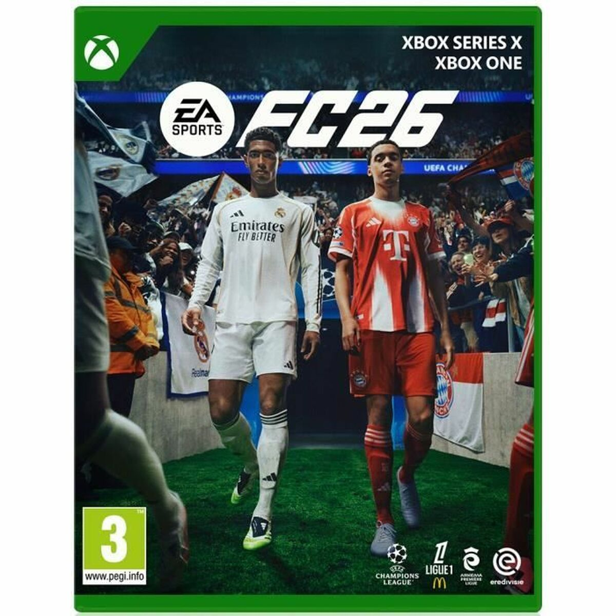 Copertina gioco FC 26 Xbox con due calciatori in divisa, tifosi sullo sfondo.